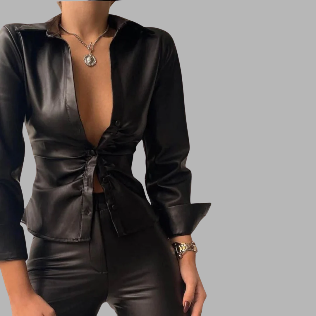 Lill | Trykt V-hals Skinnbluse med Lange Ermer