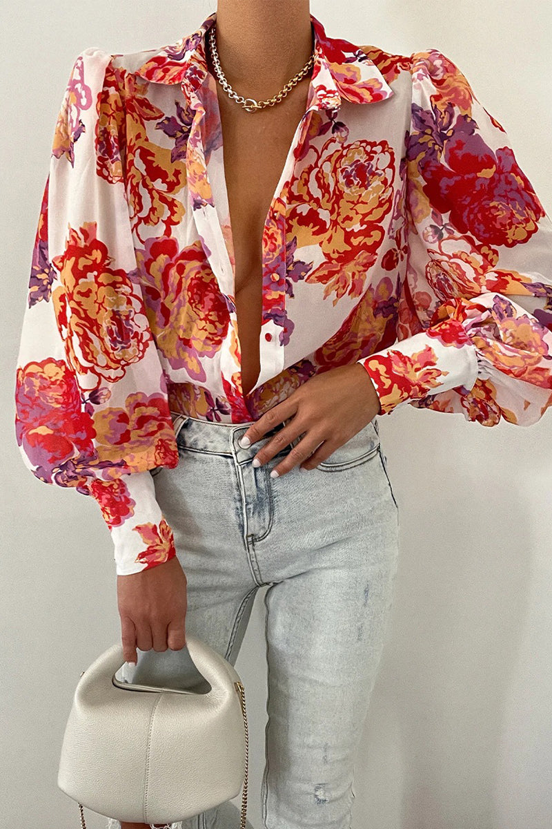Bodil | Floral Puff Sleeve Bluse for Kvinner