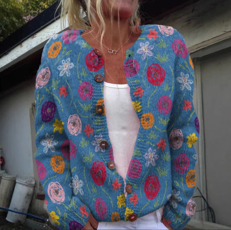 Grethe | Blå vest med blomsterprint