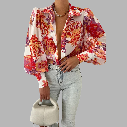 Bodil | Floral Puff Sleeve Bluse for Kvinner