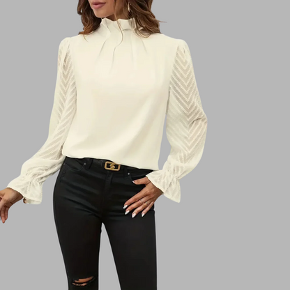 May Britt | Chic Plisserte Topp med Gjennomsiktige Mesh Ermer for Kvinner