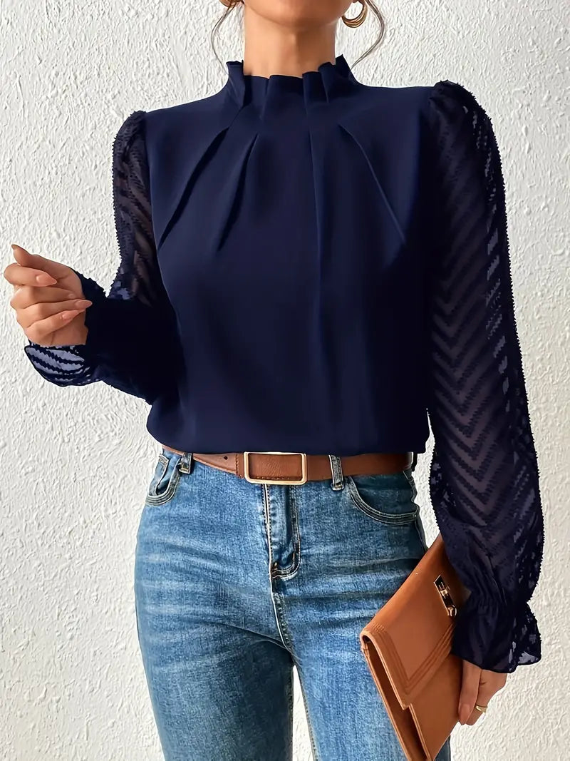 May Britt | Chic Plisserte Topp med Gjennomsiktige Mesh Ermer for Kvinner