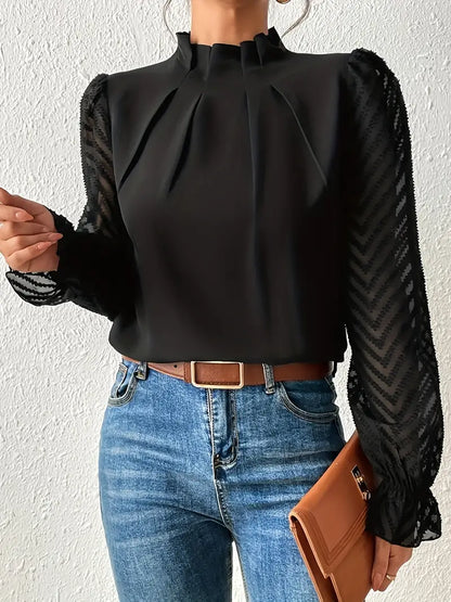 May Britt | Chic Plisserte Topp med Gjennomsiktige Mesh Ermer for Kvinner
