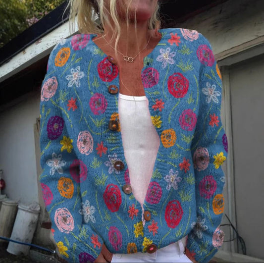 Grethe | Blå vest med blomsterprint